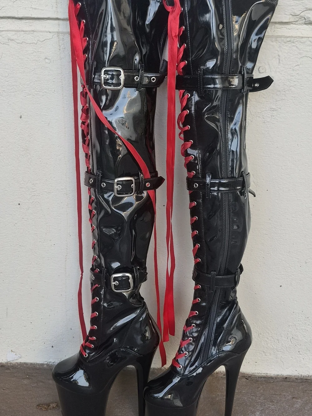 Pleaser Black Thigh-High Lace-Up Triple Stack Platform